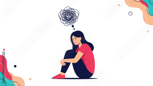 Depressed young woman sitting on the floor with her head down and a tangled black thought cloud above her symbolizing mental stress.