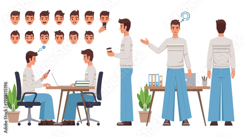 Versatile character construction kit featuring a man in a beige sweater with various poses and many office environment items.