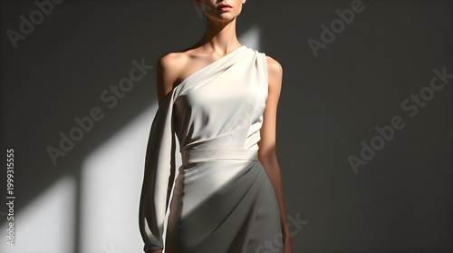 Woman in white dress posing for picture, elegant female model in stylish fashion outfit for advertising and beauty concept design