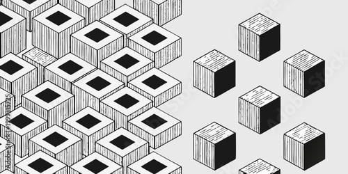 Isometric cube arrangement black and white 3d illustration