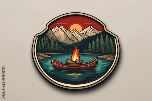 Canoeing at sunset, campfire in a lake surrounded by mountains and forest.
