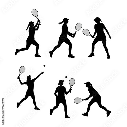 Female tennis player silhouettes, professional woman athletes set playing with rackets and balls on white