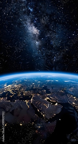 Ultra-realistic view of Earth from low orbit at night, glowing city lights across continents, deep blue atmosphere curve, vast starfield and Milky Way in background, cinematic lighting, high detail, 8