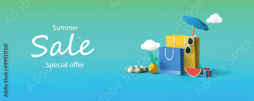 Summer sale banner with 3d shopping bags vector illustration	