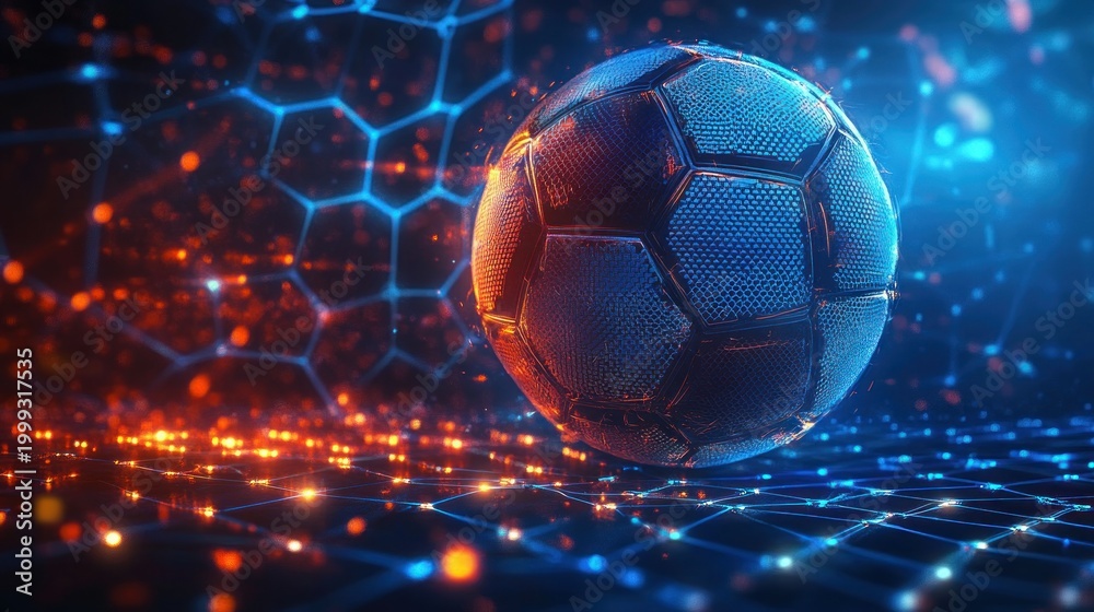 Naklejka premium Futuristic glowing soccer ball hovering above a neon hexagonal grid with blue and orange lights, sparks and reflective metallic texture conveying intense high-tech energy