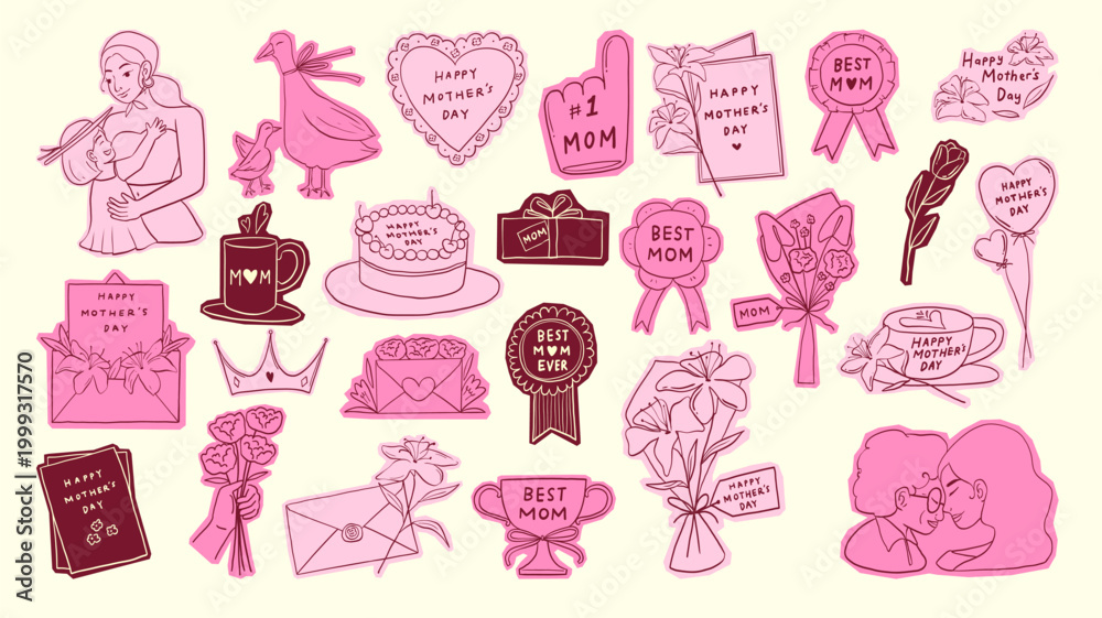 Fototapeta premium Mother Day Pink Doodle Elements Set with Mom Love Flowers Gifts Illustration
