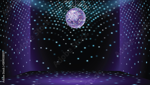 Disco ball in dance club room. Sparkling disco ball with light rays, glittering mirrorball in empty studio, glowing party spotlights and reflective dancefloor. Nightclub interior