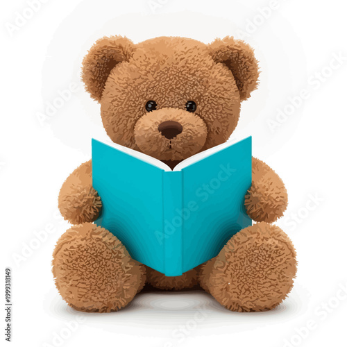 A brown teddy bear sitting and reading a blue book indoors