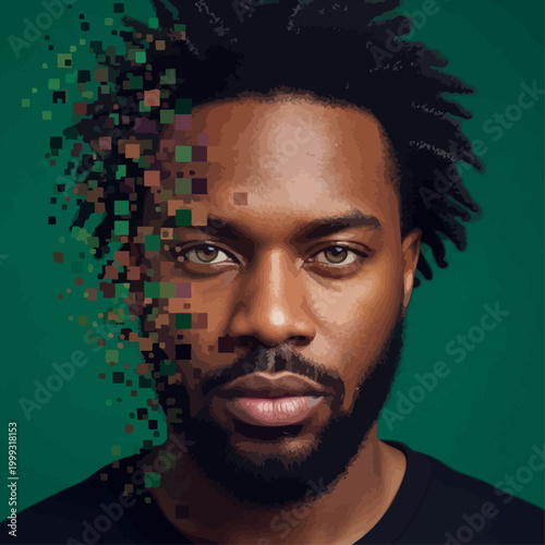 A man with a pixelated face fragment looks directly at the camera.