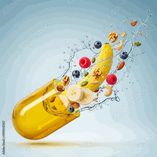 Fruits and nuts burst out of a yellow capsule in a dynamic action scene