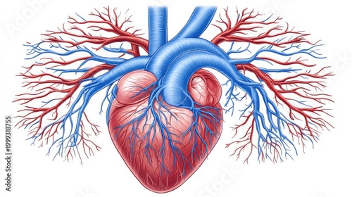 Human heart anatomy illustration, circulatory system, blood vessels, medical education