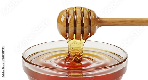 golden honey drizzling from wooden dipper into glass jar close-up