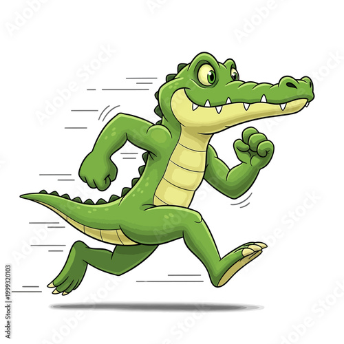 A cartoon crocodile is running quickly on a white background.
