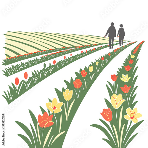 Tableau sur toile tulip field with walking figures vector illustration high quality professional d