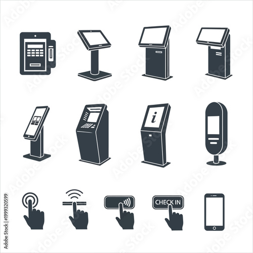 Various kiosks and mobile devices on display with interactive screens and check-in options