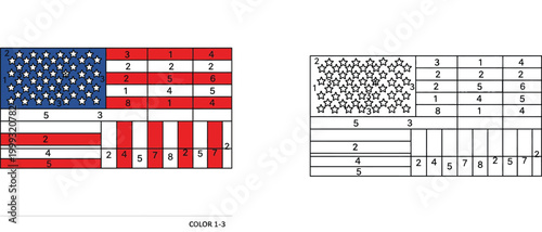 American flag color by number educational worksheet for kids, patriotic USA stars and stripes activity page for Independence Day, Memorial Day and July 4th school or home learning vector.