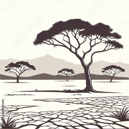 African savanna landscape with acacia trees and cracked earth vector illustration