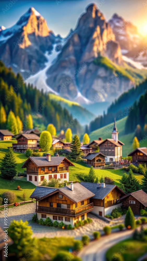 Fototapeta premium A realistic photo of Landscape mountain village nature scenery alpine houses cartoon drawing