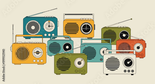 A colorful illustration of nine vintage radios