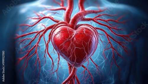 Vibrant anatomical heart with branching blood vessels glowing in a chest, conveying life, energy and vitality