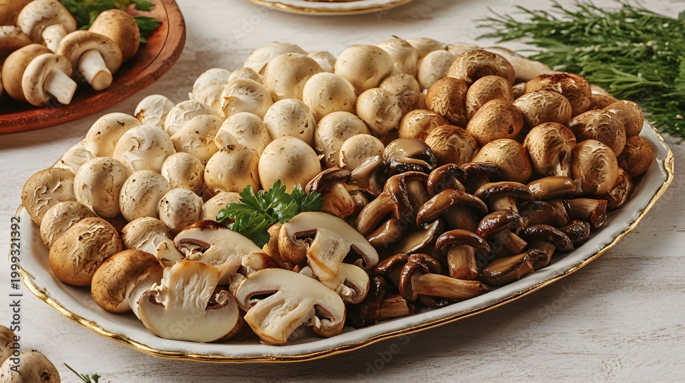 Fototapeta premium Assortment of button, cremini, and shiitake mushrooms on a platter