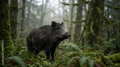 Wild boar in its natural forest habitat, capturing a moment of raw nature and the wild. This stunning image captures the essence of untamed wilderness