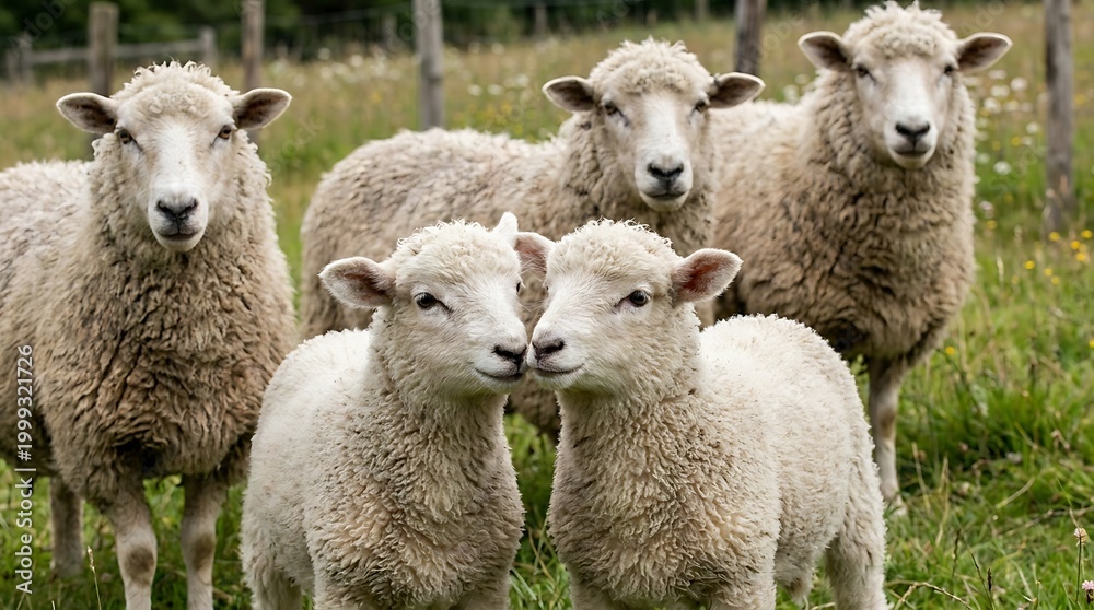Obraz premium A flock of sheep standing together in a field, exuding tranquility