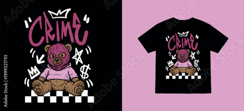 Vector illustrationa of a brown bear doll wearing balaclava with text for t-shirt print design template