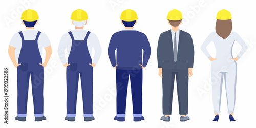 Line of construction workers and professionals in vector illustration