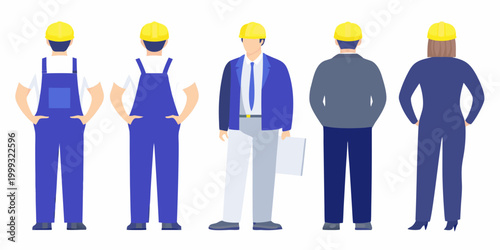 Lineup of five workers in various outfits flat vector illustration