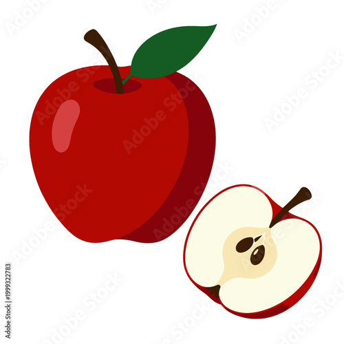 Red Apple Fruit Icon with Slice Cut View, Vector Illustration Isolated on Transparent Background for Food Design and Health Concepts