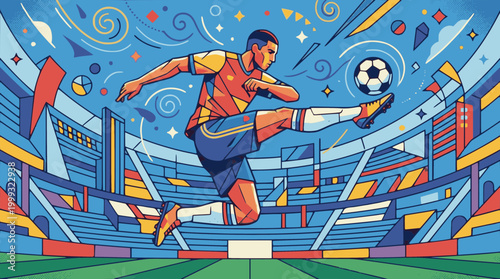 Vector abstract geometric soccer player kicking ball in dynamic colorful stadium arena illustration