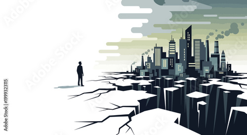 A lone man looks out at a cracked cityscape with a desolate sky