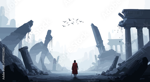 A lone figure in a red cloak walks through ancient ruins with destroyed columns and debris.