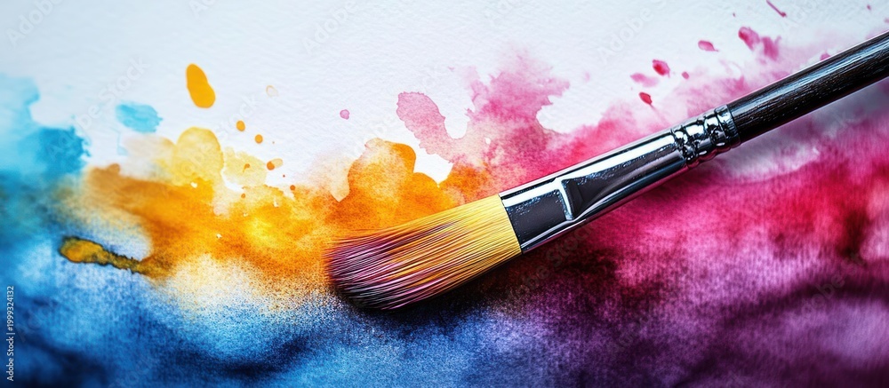 Obraz premium close-up paintbrush with bristles and metal ferrule sweeping vibrant orange, blue, pink and purple watercolor splashes and stains on textured paper, energetic creative motion
