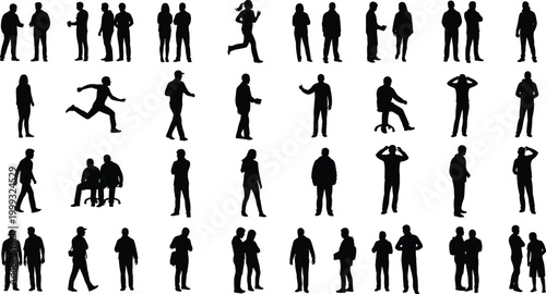 Silhouettes of People in Various Poses, Minimalist Black and White Illustration for Social and Lifestyle Concepts
