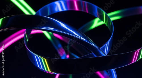 Neon colorful glowing light strips intertwined.