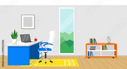 home office setup illustration with desk chair and decor