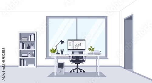 home office setup illustration with desk computer and bookshelf