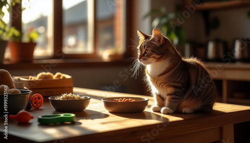 Plump Grey Cat on Wooden Table in Village House Kitchen, Domestic Animal Still Life