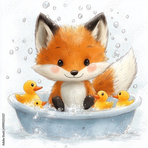 smiling fox cub with rosy cheeks sitting in a blue basin, splashing bubbly water with yellow rubber duck toys, fluffy tail and playful joyful expression
