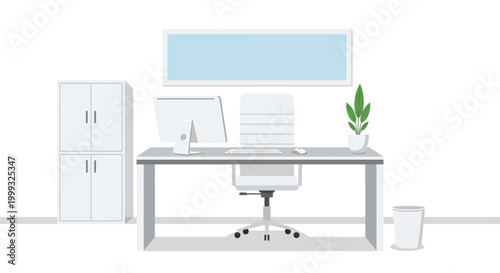 office desk setup with computer chair and filing cabinet