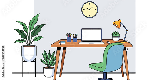 home office setup illustration with desk laptop and plants