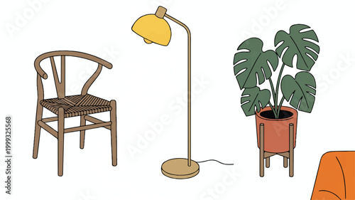 cartoon illustration of furniture and plant on white background