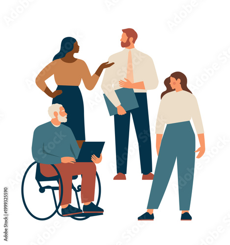 People have business talking or meeting in the office. Disabled employee in wheelchair engaged in corporate conversation. Vector illustration for inclusion, business conference, teamwork