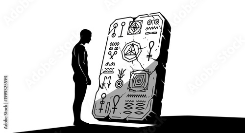 Man looks at ancient stone with mysterious symbols and hieroglyphs