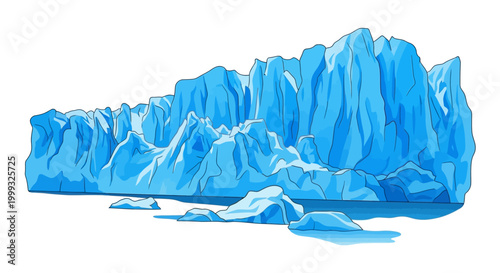 An illustration of a large blue iceberg floating in icy waters with a white background.