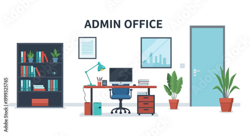 Admin office interior illustration with desk bookcase and plants