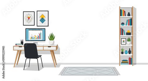 modern home office interior with desk chair and bookshelf