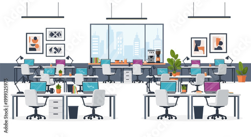 Modern office interior with desks and city view vector illustration